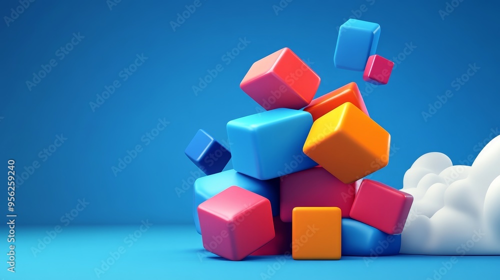 Poster colorful building blocks scattered playfully against a vibrant blue background, creating a fun and d