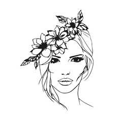 Female Face with Flowers Line Art Vector Drawing. Linear Drawing of Floral Woman Head. Woman Portrait Black Sketch Illustration on White Background