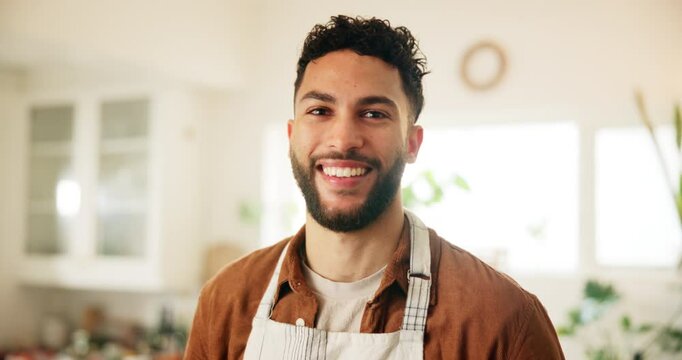 Happy, cooking and face of man in kitchen at house for nutrition, health and homemade meal. Smile, chef and portrait of male person from Mexico preparing dinner, supper or lunch food at apartment.
