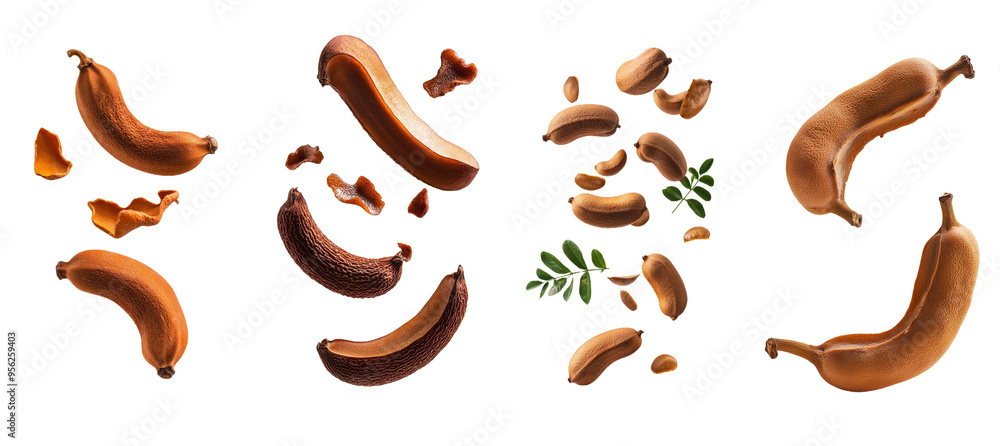 Poster tamarind falling on a white background, full depth of field