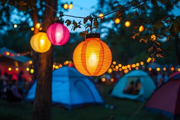 Obraz premium Colorful lanterns illuminating a lively campsite at dusk.