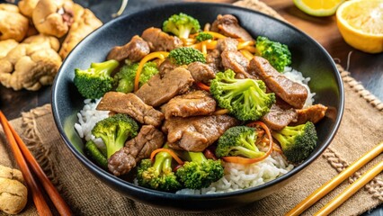 Fototapeta premium Stir-fried Beef with Broccoli and Rice in a Black Bowl