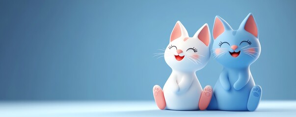 Obraz premium Two adorable cartoon cats, one blue and one white, smiling happily against a soft blue background, perfect for children's themes.