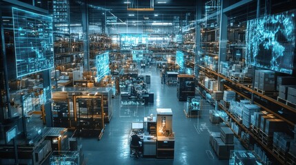 Fototapeta premium Exploring the Human Element within a Technology-Driven Warehouse Environment: A Study of Collaboration between Machines and Workers. the seamless integration of advanced technology with human labor