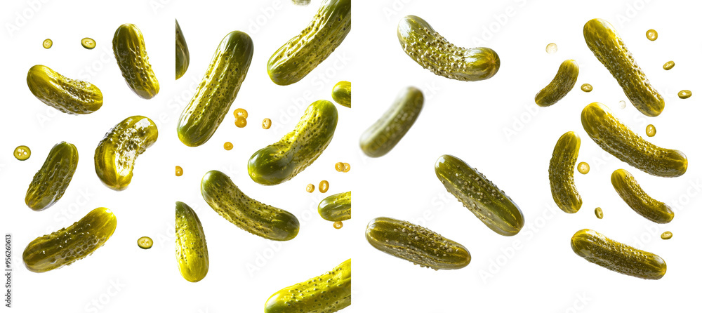 Aufkleber Marinated pickled cucumbers in full depth of field falling on white background