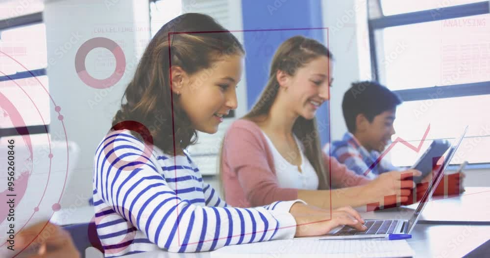 Poster students using laptops in classroom with data analysis animation over them