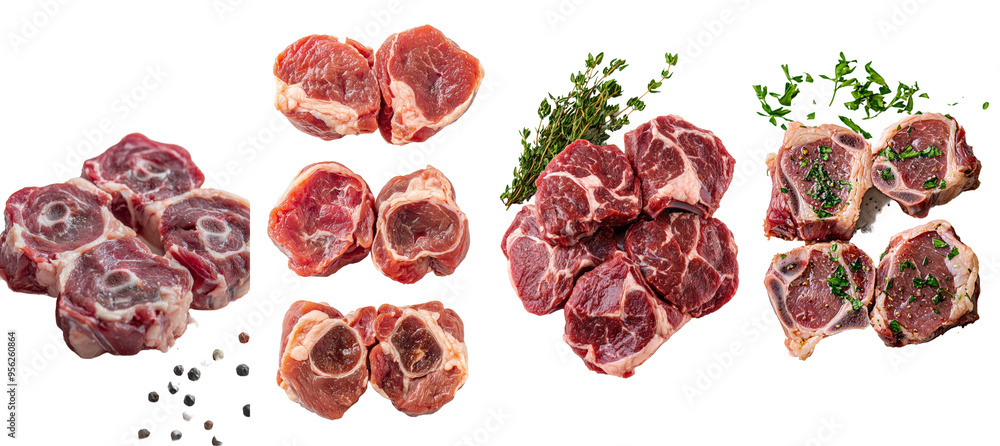 Poster steak osso bucco, falling beef shank, white background, full depth of field