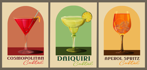 Cocktails retro posters set. Vintage flyers with refreshing alcoholic drinks. Cosmopolitan, Aperol Spritz and Daiquiri. Design elements for bar menu. Vector illustration isolated on background