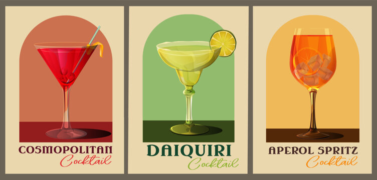 Cocktails retro posters set. Vintage flyers with refreshing alcoholic drinks. Cosmopolitan, Aperol Spritz and Daiquiri. Design elements for bar menu. Vector illustration isolated on background