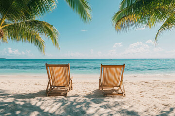 Two beach chairs at the beach with palm trees, ocean, and blue sky. © AllieGraphix