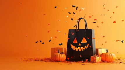 Halloween shopping bag with pumpkin, gift box and confetti on orange background, creative spooky holiday composition for festive design, poster, card or banner. AI generated illustration.