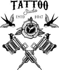Fototapeta premium Tattoo studio emblem template. Crossed tattoo machine, roses, swallows. Design element for logo, label, sign, poster, t shirt. Vector illustration
