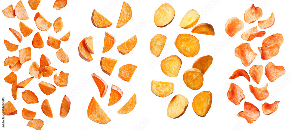 Poster full depth of field image of falling sweet potato on a white background, isolated