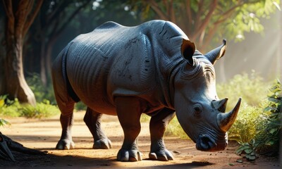 Javan Rhino in Sunlit Forest Path