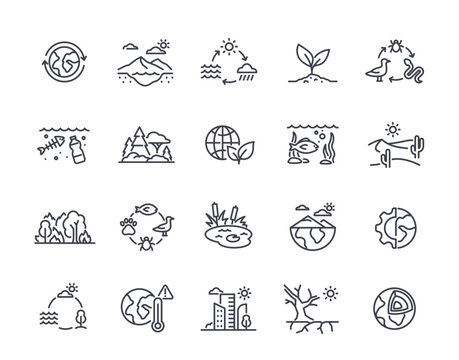 Set of ecosystem line icons. Symbols of food chain, water cycle and global warming. Editable stroke. Design elements for website. Outline vector illustration collection isolated on white background