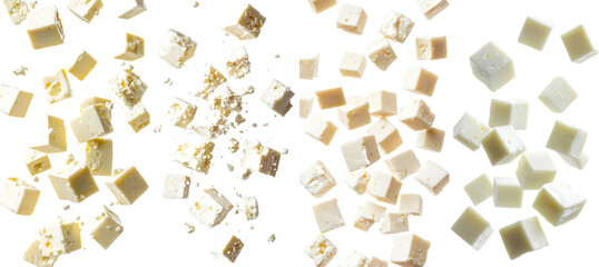 A full depth of field shot of falling Feta, Greek cheese cubes, isolated on a white background