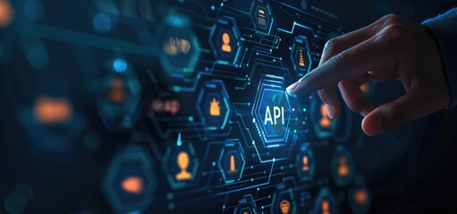 Hand Interacting with Futuristic API Interface: Digital Technology Concept with Network Connections.
