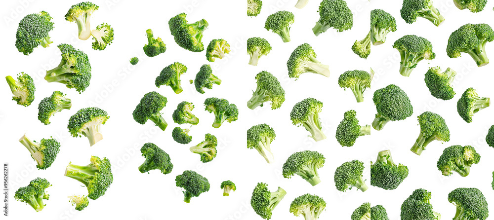Poster The falling broccoli is isolated on a white background, with a depth-of-field that is full