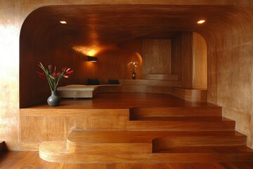 Wooden Interior Design with Curved Walls and Steps