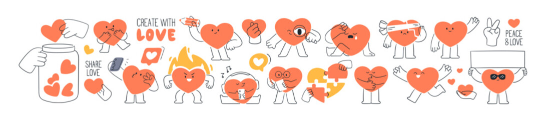 Cute heart characters set. Love, support, passion, trust symbols, concept signs. Happy funny design elements for Valentine s Day. Flat cartoon vector illustrations isolated on white background