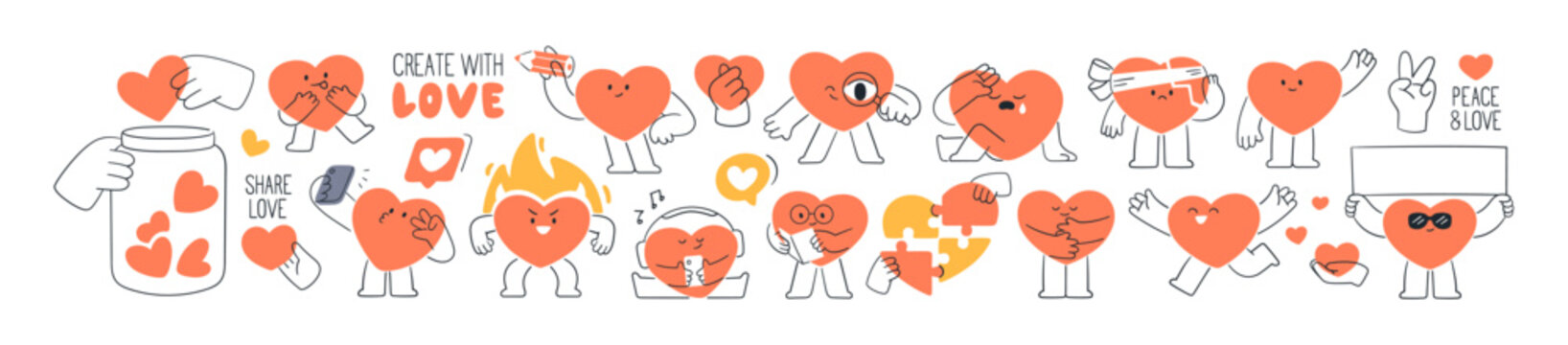 Cute heart characters set. Love, support, passion, trust symbols, concept signs. Happy funny design elements for Valentine s Day. Flat cartoon vector illustrations isolated on white background
