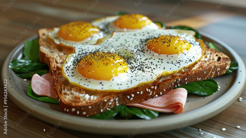 Poster a nutritious breakfast plate with sunny side up eggs sliced ham fresh spinach on wholegrain toast se