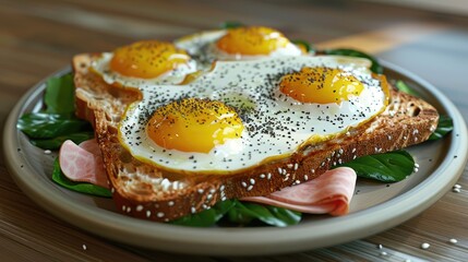 A nutritious breakfast plate with sunny side up eggs sliced ham fresh spinach on wholegrain toast seasoned with pepper