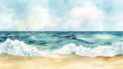 Fototapeta premium Seascape Watercolor Painting with Blue Sky