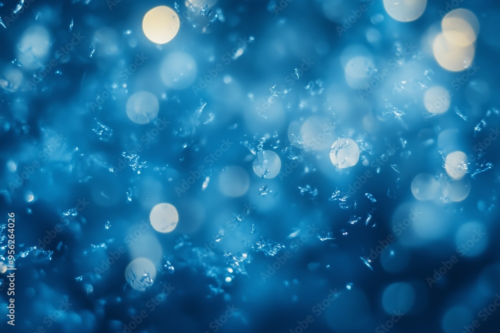 Poster captivating close-up of shimmering water droplets illuminated by soft blue light, creating a dreamy 