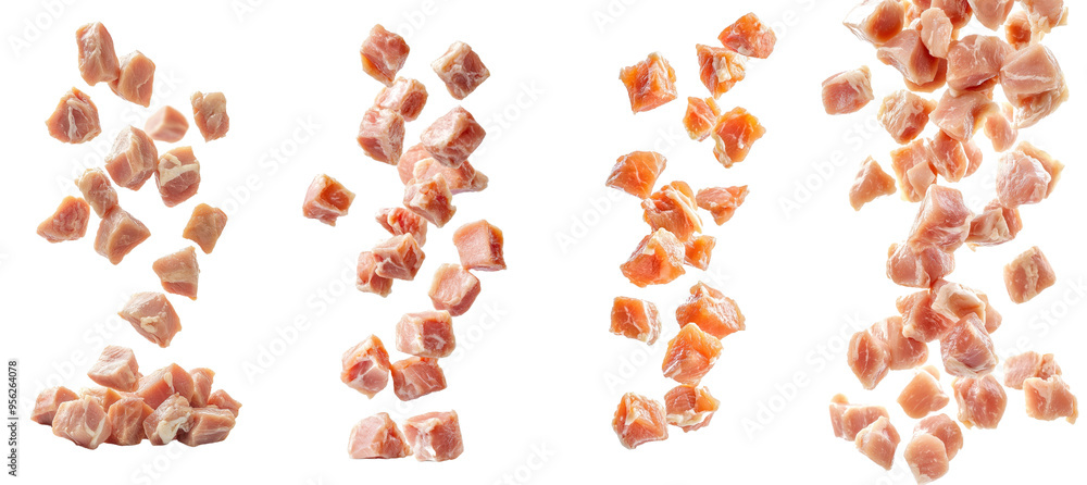 Poster an isolated field of view of raw chicken fillets falling, isolated on white