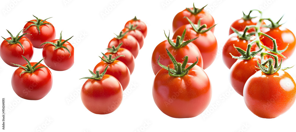 Poster a falling tomato cherry is isolated on a white background, with full depth of field