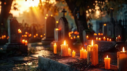 Cemetery Grave Tombstone Decorated with Clay Candles on All Saints Day Evening