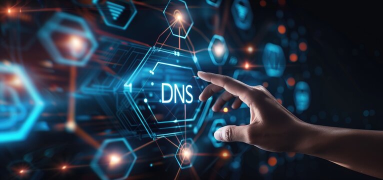 Hand Interacting with Digital DNS Interface in Futuristic UI Concept.