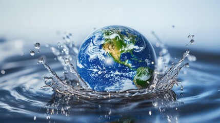 Earth encapsulated in a water droplet, with splash effects as it impacts the surface, against a clean background.