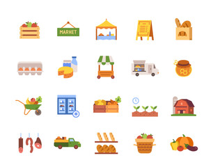 Farmers Market Icons set. Colourful signs with organic farm products, vegetable stands and baskets. Design element for app or website. Flat vector illustration collection isolated on white background