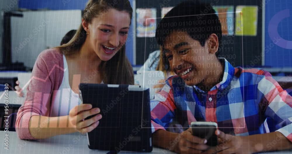 Poster binary code animation over students using tablet and smartphone in classroom