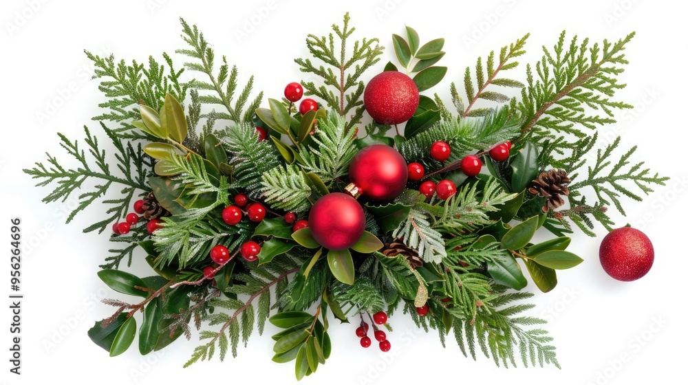 Wall mural Christmas traditional winter flora greenery with red ball decorations on white background Festive nature bouquet for the holiday season Yule Noel New Year