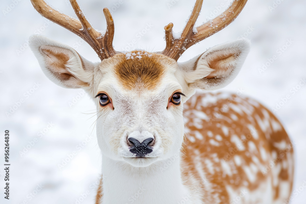 Wall mural A close up of a deer with antlers standing in the snow