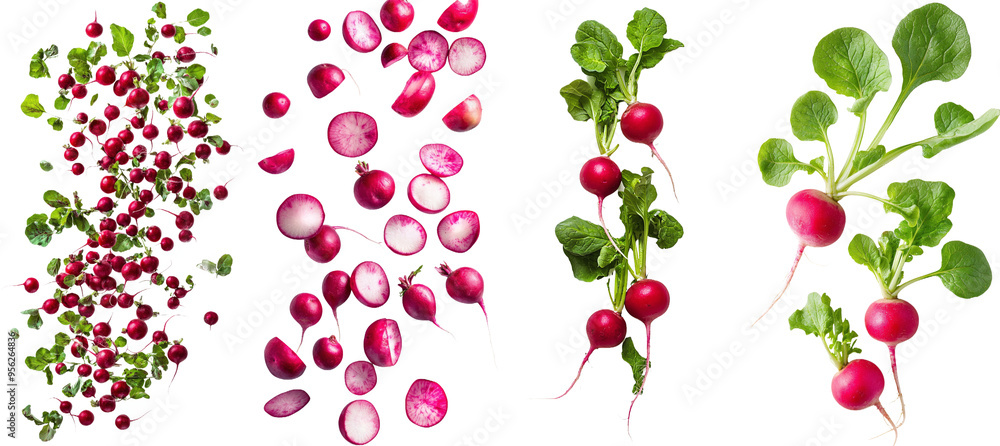 Poster intense depth of field with an isolated falling radishes on a white background