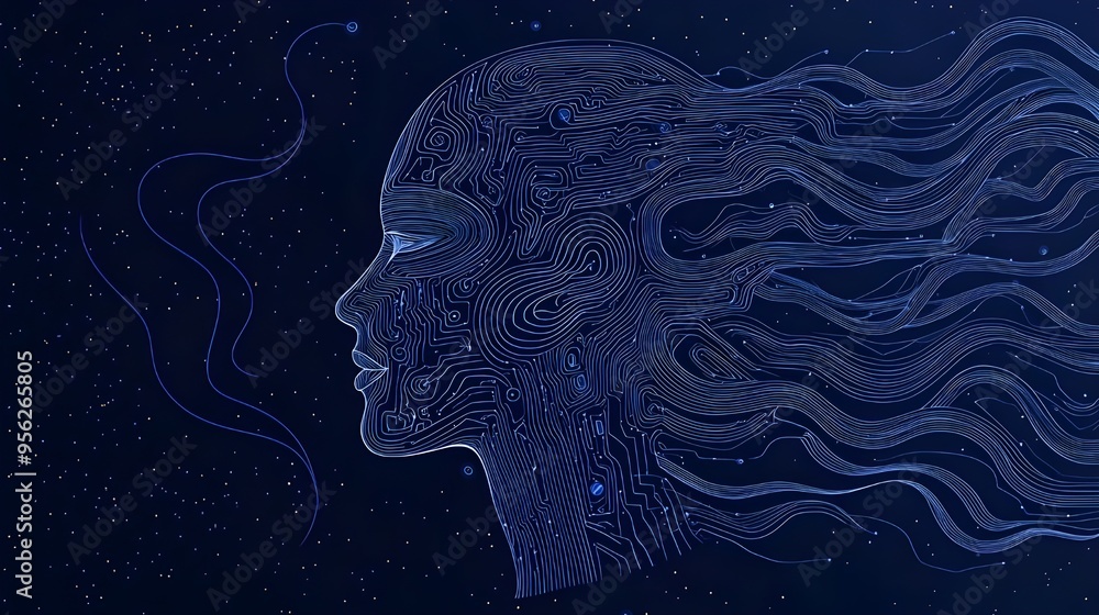Poster artificial intelligence and digital shaman, vector illustration of an ai head profile with circuitry