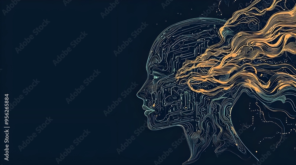 Poster artificial intelligence and digital shaman, vector illustration of an ai head profile with circuitry