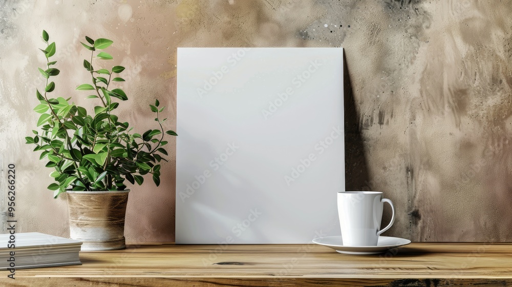 Fototapete Blank paper sheet copy space with mockup and plants in potted on wooden table poster and invitation with empty on desk card decoration your design or branding simplicity and minimal nobody