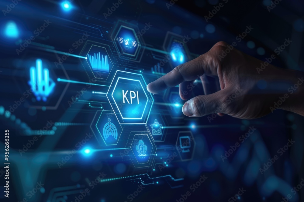 Aufkleber hand touching virtual kpi icon. business analytics, data visualization, and performance metrics.