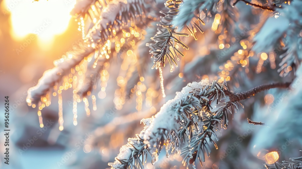 Poster close up of fir tree branches covered with melting snow and icicles in morning winter forest real sp