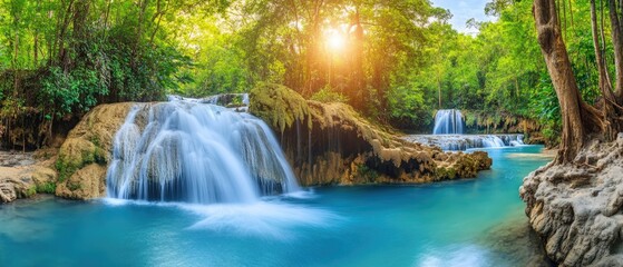 Panoramic beautiful deep forest waterfall