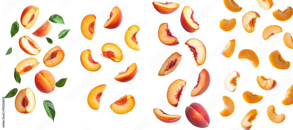 Poster taking a bite out of a nectarine or peach, sliced, isolated on white, full depth of field