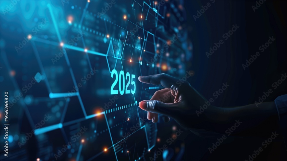 Poster futuristic digital projection of year 2025 with hand interaction and technological interface.