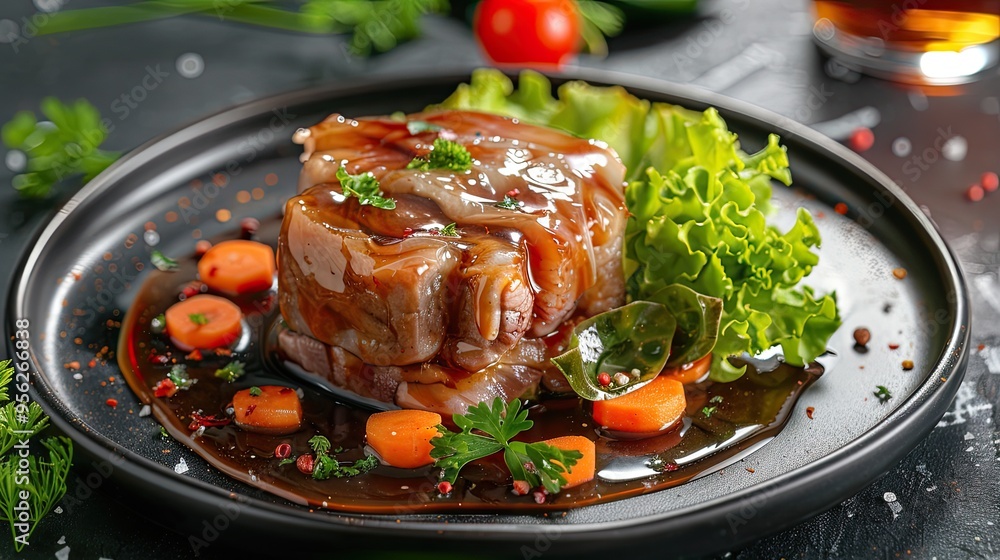 Poster jellied pork and beef with carrots served with vegetables salad on a plate