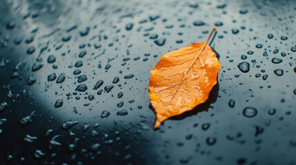 Orange leaf resting on a wet glass surface, with water droplets creating a serene, rainy day atmosphere.