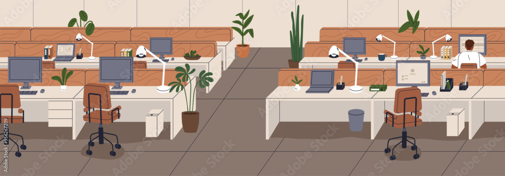 Poster open-space office interior with empty vacant computer desks. only employee works at workplace panora